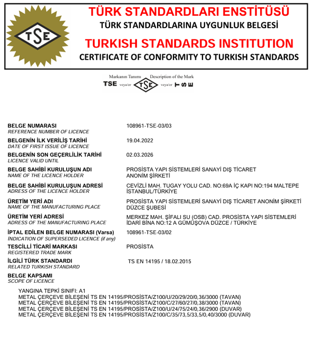 TS EN 14195 Standard Conformity Certificate